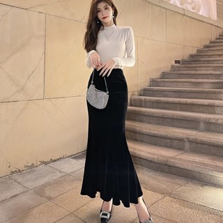 【特價1】韓版金絲絨黑色半身裙女 2024春秋新款高腰中長款魚尾小個子字包顯瘦裙子女