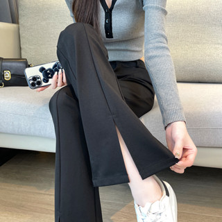 開叉喇叭褲 高腰彈力緊身顯瘦垂感開叉微喇叭女褲子休閒加長拖地長褲 黑色微喇叭長褲 開叉西裝褲 喇叭西裝褲女