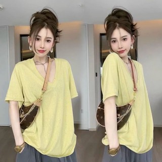 L-4XL 大尺碼胖MM慵懶風V領純色短袖T恤女夏季寬松休閑遮肉上衣潮