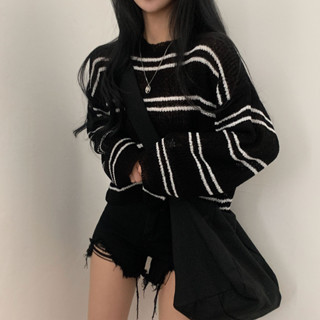 DayDay少女｜韓版夏季短版寬鬆冰絲針織衫 條紋七分袖防曬長袖罩衫 女生早秋百搭T恤上衣