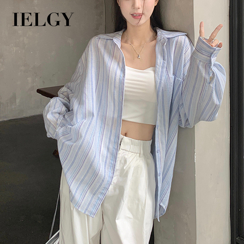 Ielgy 條紋polo領長袖襯衫女薄款寬鬆中長上衣