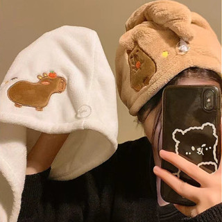 可愛卡通水豚毛絨乾髮帽吸水速乾珊瑚絨浴帽女士兒童卡哇伊女孩發巾