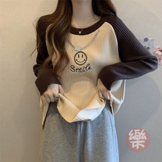 坑條長袖t恤女春秋新款大碼顯瘦休閒撞色打底衫百搭別緻上衣女潮 韓版長袖t 寬鬆印花撞色上衣 秋季顯瘦t恤【樂購】