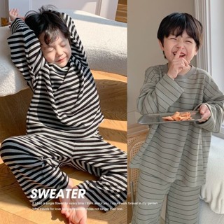 圓領條紋兒童睡衣春秋款網紅簡約套裝嬰兒柔軟舒適家居服春秋德絨打底睡衣可外穿休閒洋氣寶寶慵懶風家居服兩件套