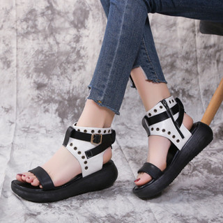 大尺碼36-42羅馬涼鞋 手工復古女鞋 鉚釘高幫休閒鬆糕厚底鏤空Boots
