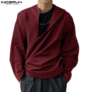 Incerun 男士韓版時尚斜門襟疊領設計長袖襯衫
