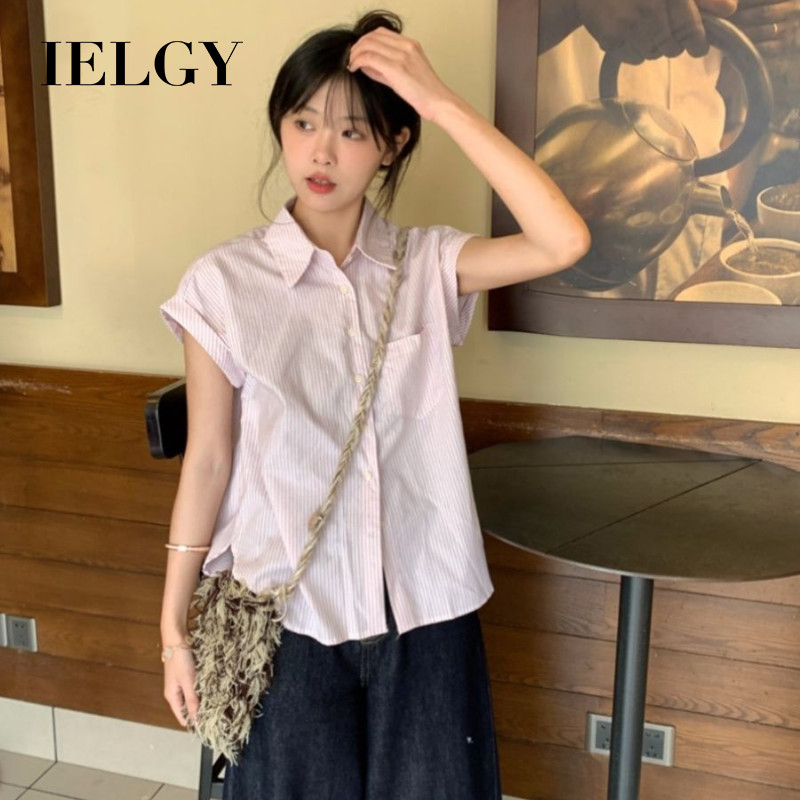 Ielgy 條紋polo領襯衫女休閒寬鬆可愛短袖上衣