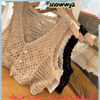 SNOWWY2鉤針裁剪背心,鏤空背心針織紐扣開衫,復古別緻無袖面料海灘休閒上衣婦女