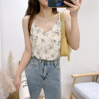 實拍！碎花吊帶背心女2024年夏季V領打底衫內搭寬鬆顯瘦雪紡上衣