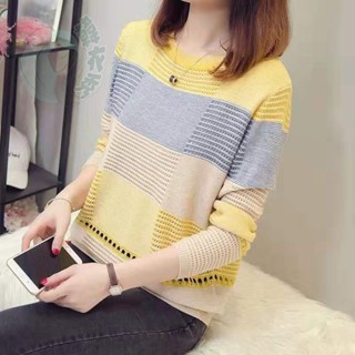 2024秋新款女裝韓版小清新拼色寬鬆條紋長袖打底針織衫套頭薄款 純色針織衫 針織毛衣 長袖針織衫 秋冬針織上衣【韓衣秀】