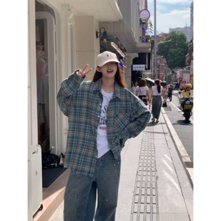 【TBB】毛邊格子襯衣 美式復古格紋長袖襯衫女 2024春秋寬鬆BF風襯衫外套 休閒痞帥薄外套 長袖上衣 女裝衣服