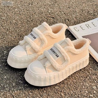 【新品.促銷】黑色刷毛魔術貼帆布鞋女2024秋冬新款可愛奶fufu學生厚底休閒板鞋Black Velcro Canvas