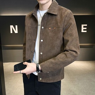 春秋季夾克男 2024新款痞帥潮牌翻領麂皮絨上衣服 男士大尺碼外套
