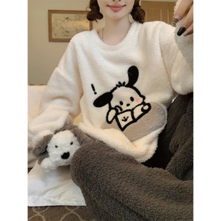 [現貨]珊瑚絨狗狗睡衣女 秋冬季新款保暖居家服 半邊絨加厚毛絨睡衣 可愛少女風家居服兩件套裝