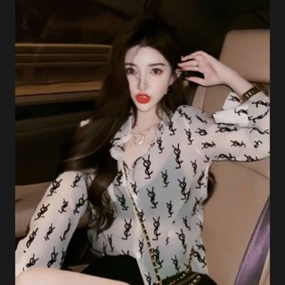 防曬外穿襯衫網紅同款潮滿印上衣字母logo雪紡襯衫女夏設計感小眾