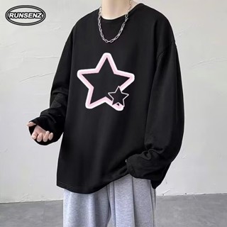 M-8XL 韓版時尚五角星印花長袖T恤男 大尺碼男裝 休閒寬鬆男生長t 秋季圓領上衣 打底衫 oversize 加大尺碼