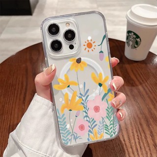 野外粉色和黃色花朵磁性手機殼適用於 IPhone 11 12 13 14 15 16 XS X 7 8 XSMAX SE