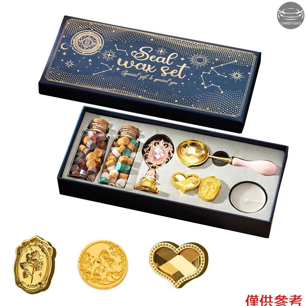 蠟封印章套件,帶 3 件印章郵票和瓶蠟珠勺子/蠟燭,適用於聖誕節復古信封字母郵寄工藝品禮品信封信卡婚禮 Invita