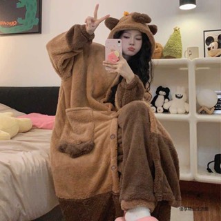 【新款免運】 卡皮巴拉珊瑚絨冬季睡袍女加絨加厚連體睡衣長褲家居服外穿兩件套毛絨睡袍 加厚保暖 珊瑚絨睡袍 睡衣