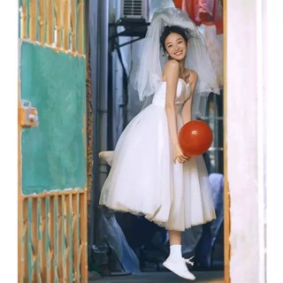 特價⚡[小編推薦][現貨][免運]吊帶輕婚紗法式複古新娘結婚訂婚禮服裙日常小個子領證登記小白裙洋裝禮服