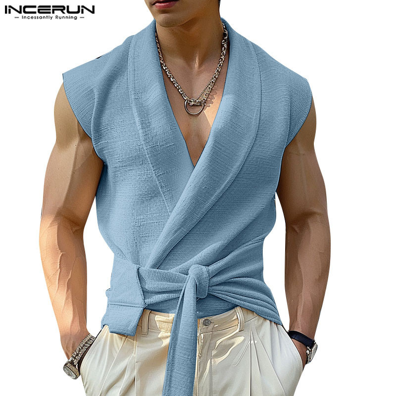Incerun 男士韓版休閒 V 領純色無袖設計和服