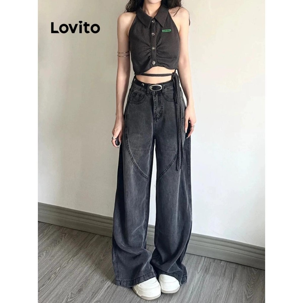 Lovito 女款休閒素色口袋水洗牛仔褲 LNA71160