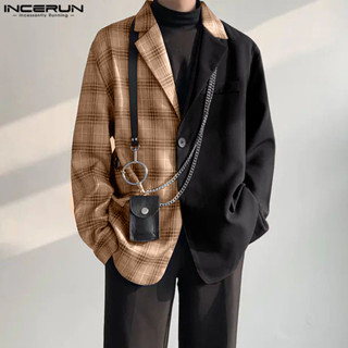 Incerun 男士韓版時尚格子拼接長袖開衫西裝外套