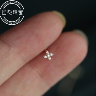 「匠心·純銀耳飾」S925銀鍍14K金 清純小白花~ 迷你鋯石四葉小花耳環 mini耳骨可愛耳飾 XZM