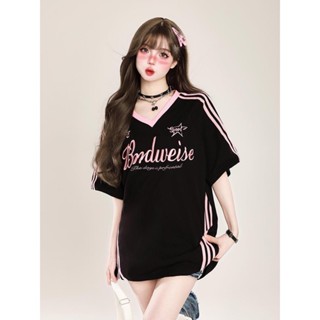 臺灣出貨👚美式復古潮流撞色拼接v領寬鬆短袖t恤女夏季oversize休閒半袖上衣