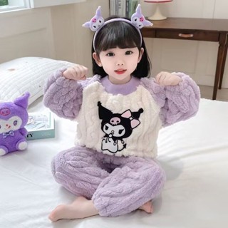 女童法蘭絨睡衣女寶寶兒童珊瑚絨女孩卡通可愛家居服套