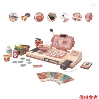 收銀機玩具套裝適合 3 歲以上兒童,帶掃描儀計算器麥克風播放 moneny 信用卡 7 件掃描物品雜貨籃現實動作和聲音教