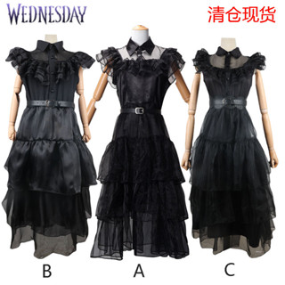 星期三亞當斯一家同款cos舞會wednesday黑色洋裝假髮派對禮服裙