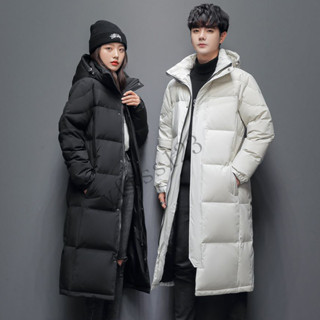 Ready Stock男女通用冬季白鴨羽絨服長款羽絨服過膝中長款加厚情侶連帽外套EV32