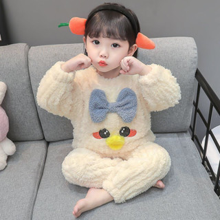 兒童睡衣秋加厚法蘭絨卡通可愛孩寶寶珊瑚絨家居服套
