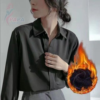 黑色加絨襯衫女長袖秋冬職業大碼工作服外穿內搭加厚保暖白襯衣女大尺碼襯衫 長袖POLO領襯衫 秋冬襯衫上衣【PAPA】