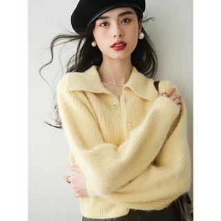 黃色翻領短款馬海毛針織開衫女春秋歐貨漂亮時尚毛衣外套polo上衣