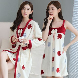 高品質-虧本清倉-睡衣女秋冬季珊瑚絨睡裙長袖加厚可愛法蘭絨睡袍兩件套浴袍家居服 C8CP