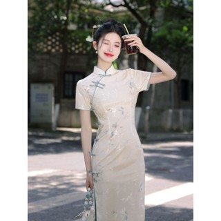【桃喜Rich】新中式改良旗袍 日常旗袍 小個子中長款旗袍 夏季新款改良年輕款少女白色旗袍 優雅洋裝