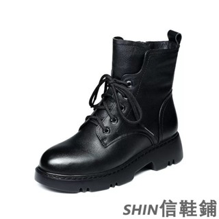 現貨 時尚韓式女靴 真皮馬丁靴 側拉鍊款 女生短靴 厚底增高黑色靴子 6孔女鞋靴子 防水 防滑 高品質潮靴 百搭 免運