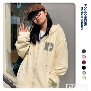 【可可李】大學t帽t港風 開衫外套女學生 大碼ins潮秋冬 杏色奶油色 連帽拉鏈衛衣薄款 刷毛