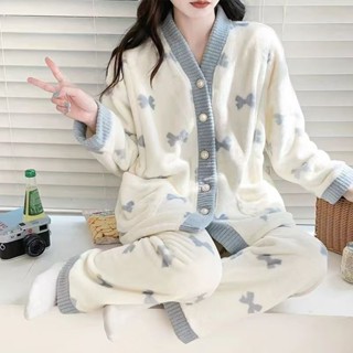 睡衣 兩件式睡衣冬季 睡袍 長袖 睡袍【反季清倉】睡衣女秋冬長袖女款保暖法蘭絨大碼寬鬆珊瑚絨兩件套