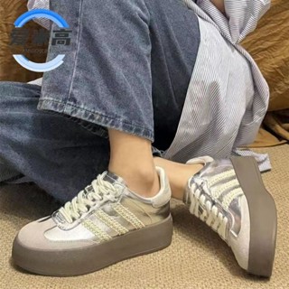 【LPshop】平底鞋 休閒鞋 貝殼鞋 板鞋 德訓鞋 女鞋 格雷係蕾絲邊厚底德訓鞋女銀色新款闆鞋增高百搭休閒鞋