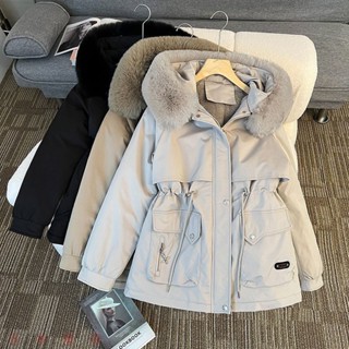 帶毛領【可拆毛領】短款派克服女羽絨棉服2024冬季新款小個子加絨加厚寬鬆棉衣外套女士防寒保暖外套【壹米優選】