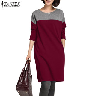 Zanzea 女式韓版休閒圓領長袖拼色口袋連衣裙