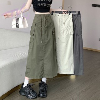 美式復古工裝半身裙2025夏季新款高腰開叉抽繩a字顯瘦軍綠色裙子小個子裙裝 半身裙 魚尾裙 牛仔短裙 包臀裙
