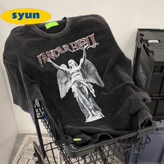 Syun 新款美式高階天使短袖 水洗做舊印花T恤 休閒寬鬆運動圓領寬鬆T恤男 美式復古街頭ins短袖上衣 潮流嘻哈短袖