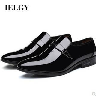 IELGY 男士商務皮鞋尖頭新款休閒黑色韓版英倫透氣正裝鞋