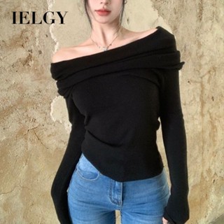 IELGY 慵懶風單肩鎖骨針織毛衣修身薄款長袖女T恤