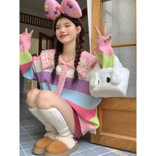 【HOT 本舖】 實拍 甜美減齡重工娃娃領撞色條紋寬鬆毛衣慵懶風長袖針織衫