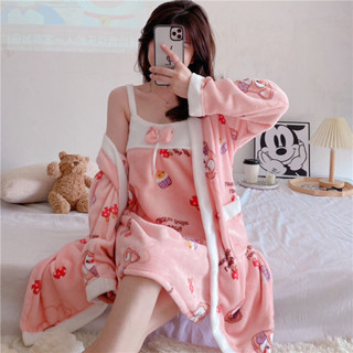 💖臺灣出貨#睡衣女鼕法蘭絨睡袍鞦鼕長袖加厚珊瑚絨睡衣浴袍中長款睡裙兩件套